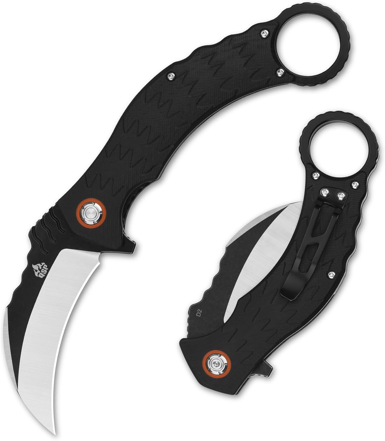 QSP Eagle Folding Pocket Knife, 3.12" D2 Black Satin Blade EDC Tactical Knife, Black G10 Handle, Liner Lock, Ceramic Ball Bearings, SS Clip