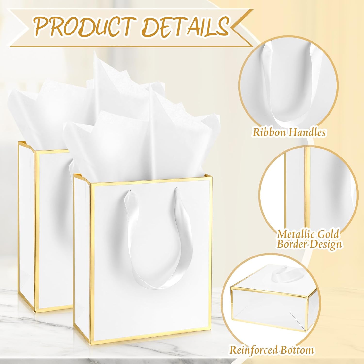 Yeaqee 50 Pack Metallic Gift Bags with Handle and Tissue Paper Gold Foil Thank You Bag for Graduation Wedding Groomsmen Bridal Baby Shower Gifts Holiday Party Favors 9x7x3.15'' (White Gold)