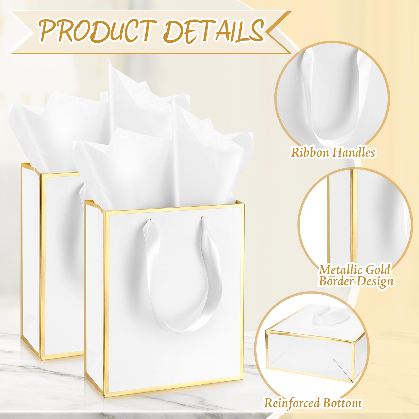 Yeaqee 50 Pack Metallic Gift Bags with Handle and Tissue Paper Gold Foil Thank You Bag for Graduation Wedding Groomsmen Bridal Baby Shower Gifts Holiday Party Favors 9x7x3.15'' (White Gold)