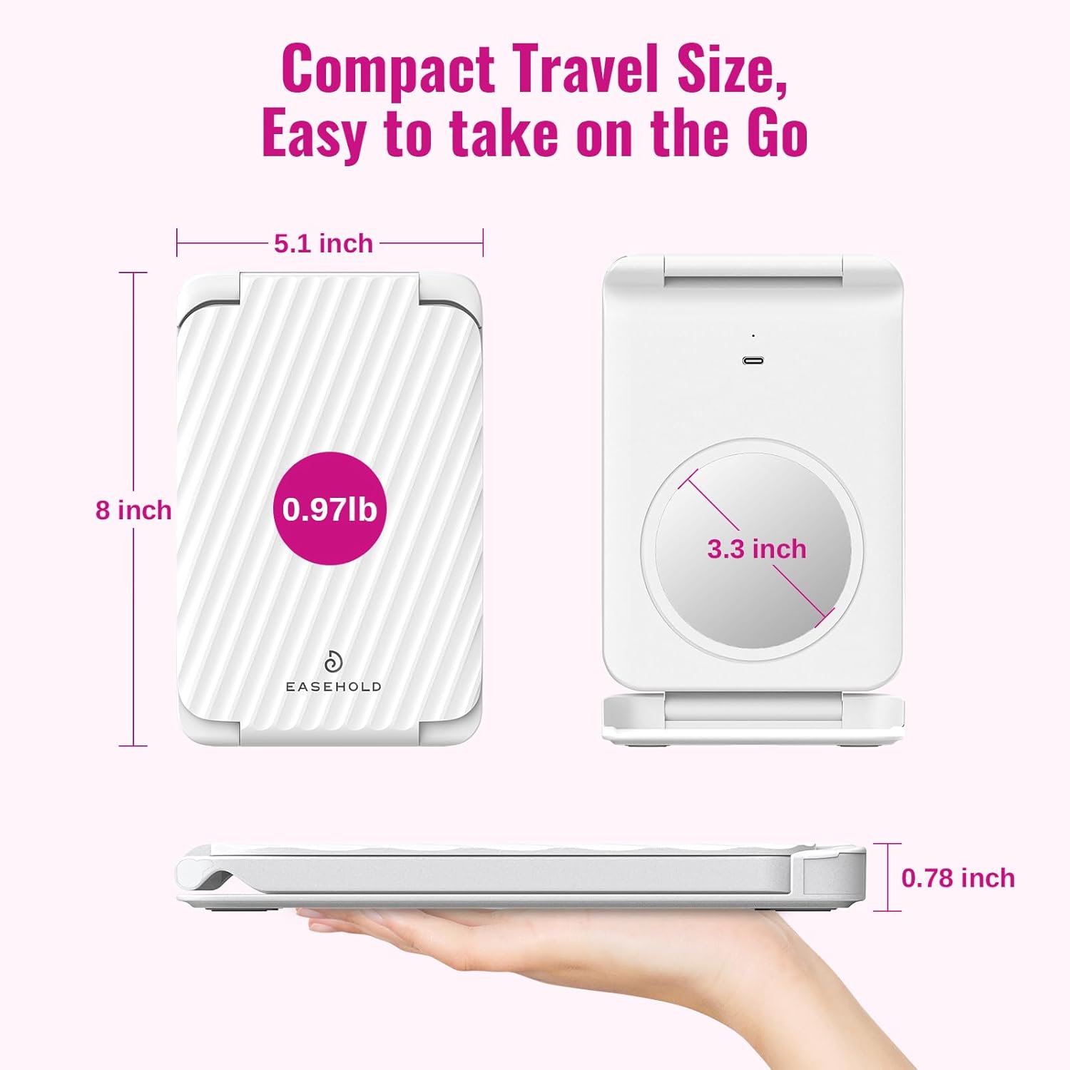 EASEHOLD Lighted Travel Makeup Mirror with 72 Light,1X/3X Magnification,Rechargeable Dimmable Touch Screen,Foldable Adjustable Height & Angle, Compact Magnifying LED Mirror for Women Teens