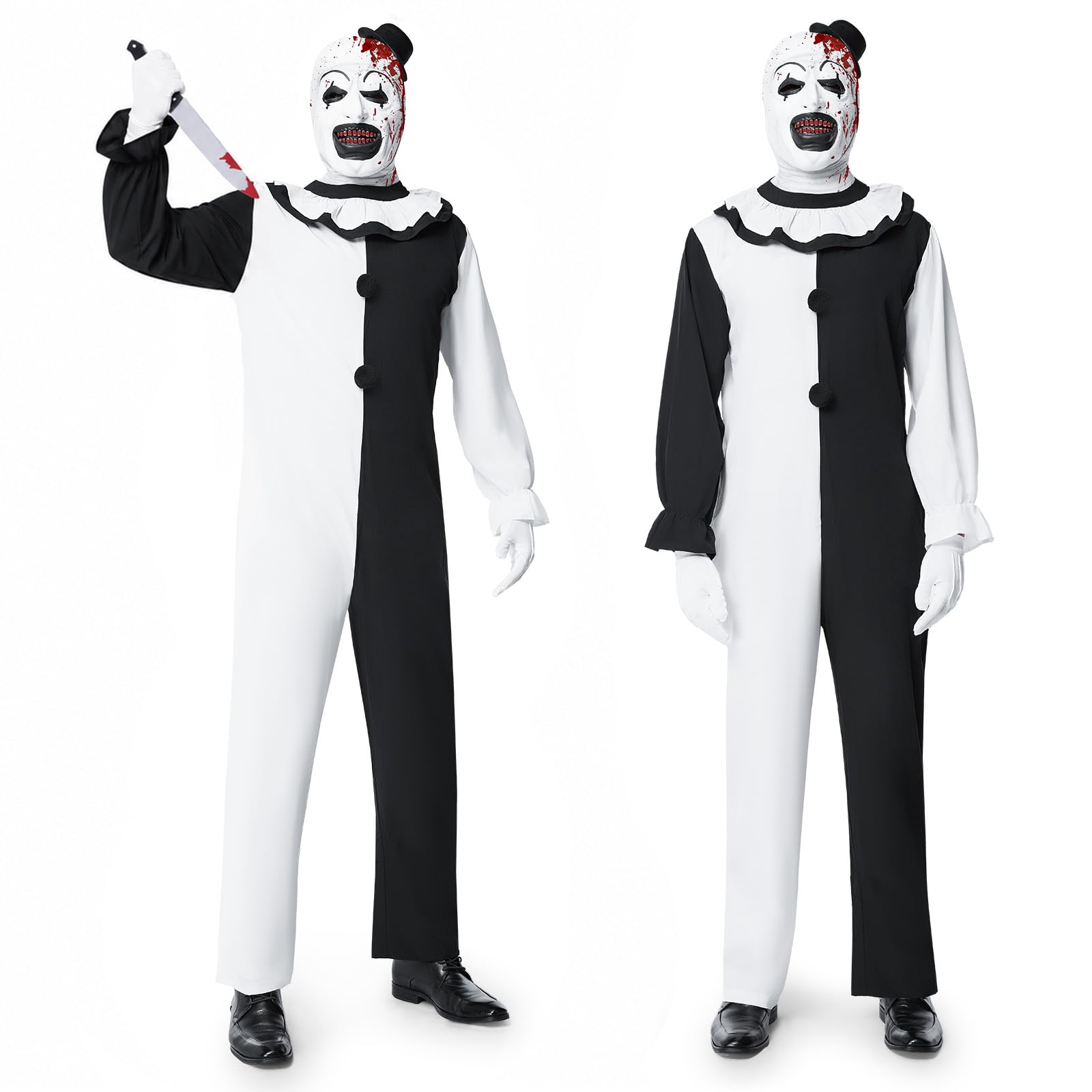 Costume Art the Clown Uomo, Costume Clown Horror Halloween Kit di Travestimento Clown Terrifier Uomo con Tuta Bianca Nera e Maschera Cappello Clown Terrifier per Halloween Carnevale