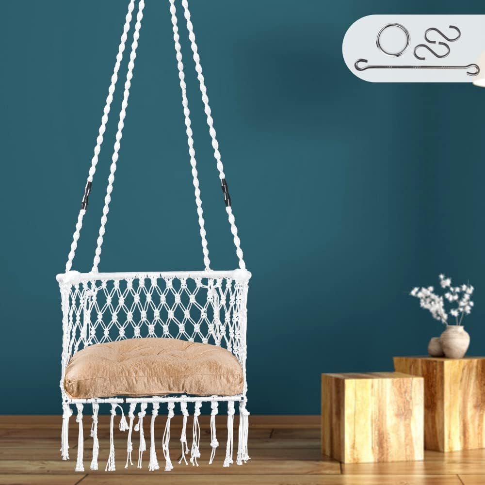 Swing/ Swing for Balcony/ Swing for Adults/ Swing Chair for Adults for Home/ Hammock Swing for Adults/ Swing for Living Room/ Swing for Outdoor Premium C Shape Swing Chair with Golden Cushion (White)