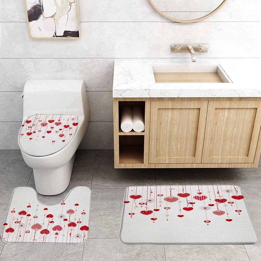 VPUPCN Valentine's Day 3 Pcs Bath Rugs Set,Red Heart Sweet Love Romantic Couple Lover Modern Creative Bathroom Kitchen Rug with 17.8