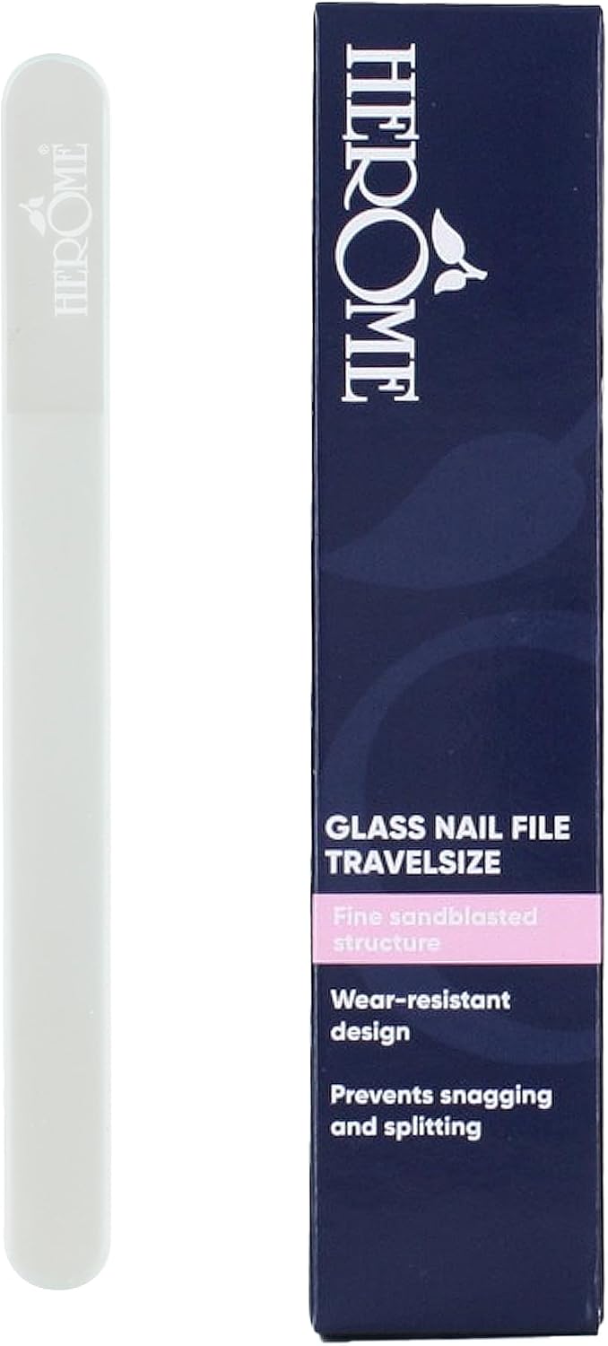 Herome Szklany pilnik do paznokci (Glass Nail File) Travel Size – zapobiega odpryskom i haczykom – niewłaściwa technika piłowania staje się niemożliwa | Szklany pilnik do paznokci, zmywalny, drobna piaskowana struktura, zapobiega rozdwajaniu, haczykom i