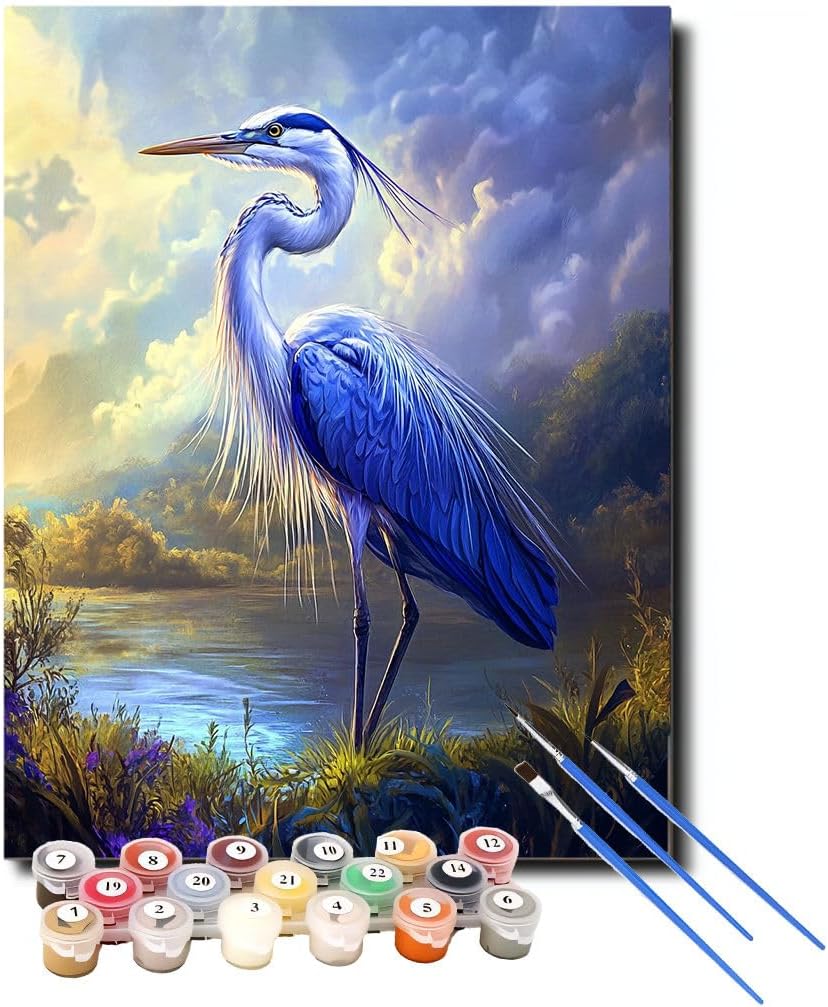 XCJFGO Blue Heron Bird Easy Paint by Numbers Kit for Adults Beginner, Nature Landscape Adult Paint by Number Kits on Canvas, Acrylic Simple Oil Paint by Number Kits for Home Wall Decor 16" W x 20" L