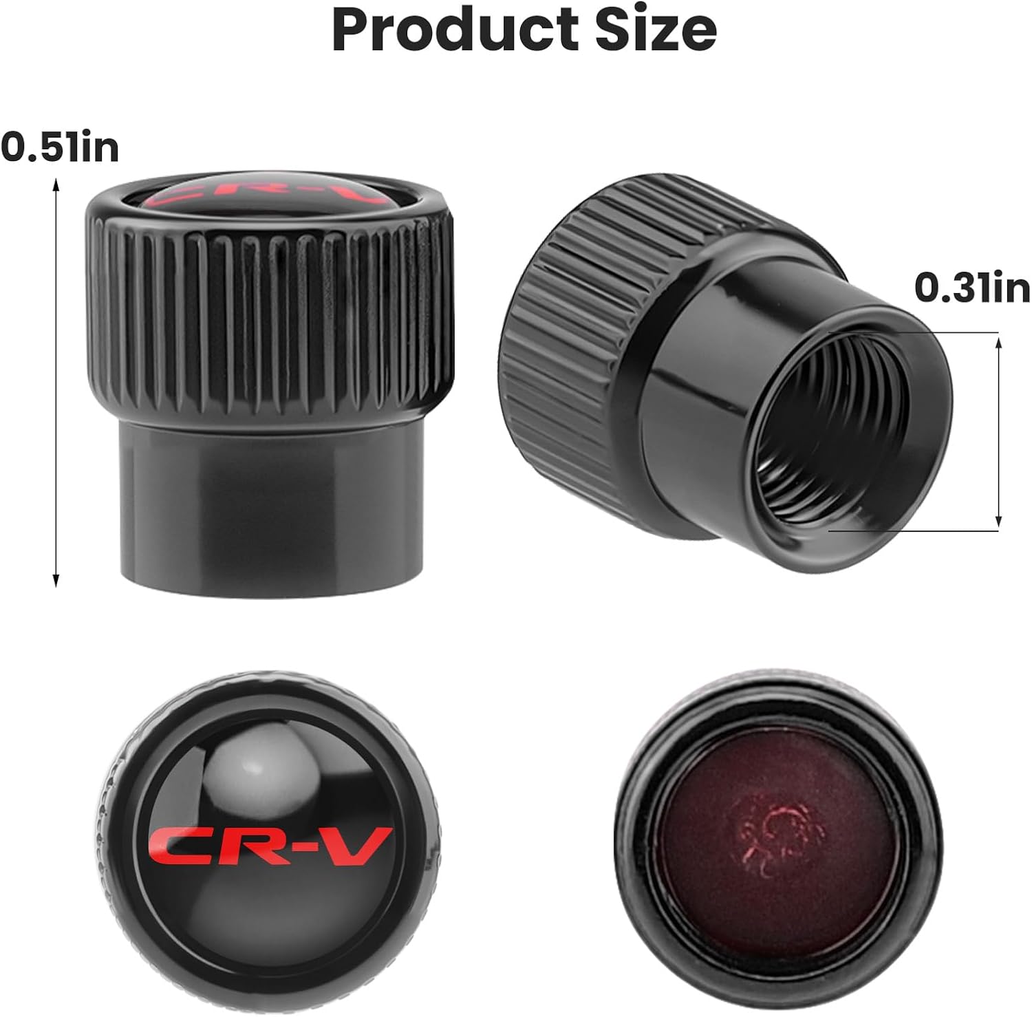 Car Tire Valve Stem Caps for Honda CR-V, 4Pcs Aluminum Alloy Air Valve Caps, Light Weight, Leak Proof, Dust Proof, Corrosion and Wear Resistance (Black)