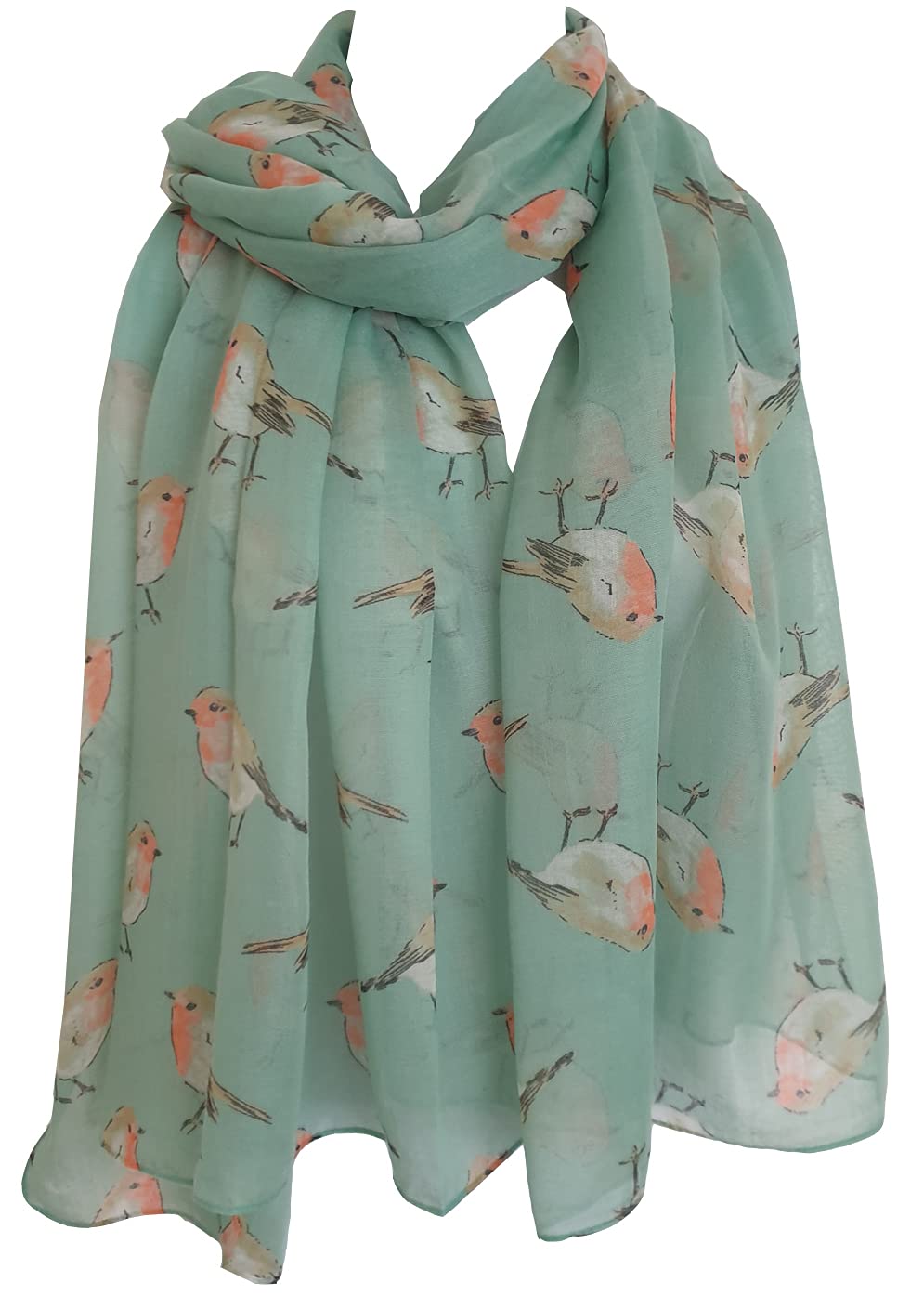 Glamlondon Women's Mint Green Watercolour Robin Bird Printed Christmas Scarf (Mint Green)