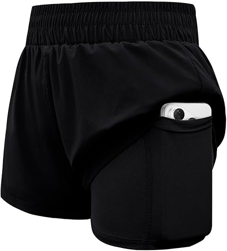 WIFFGO Girls Athletic Shorts 2 in 1 Elastic Waist Pockets Biker School Ball Games Running Sports Teen Summer Outfits Black