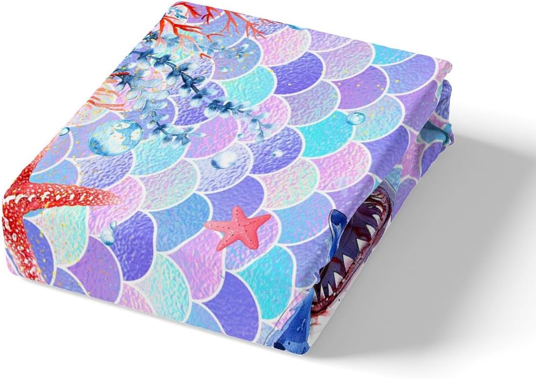 Feelyou Shark Sheet Set Kids Toddler Boys Girls Queen, Ocean Shark Bed Sheets Set Mermaid Scales Sheets with Deep Pocket Fitted Sheet Sea Coastal Bedding Set Microfiber Soft Bed Set