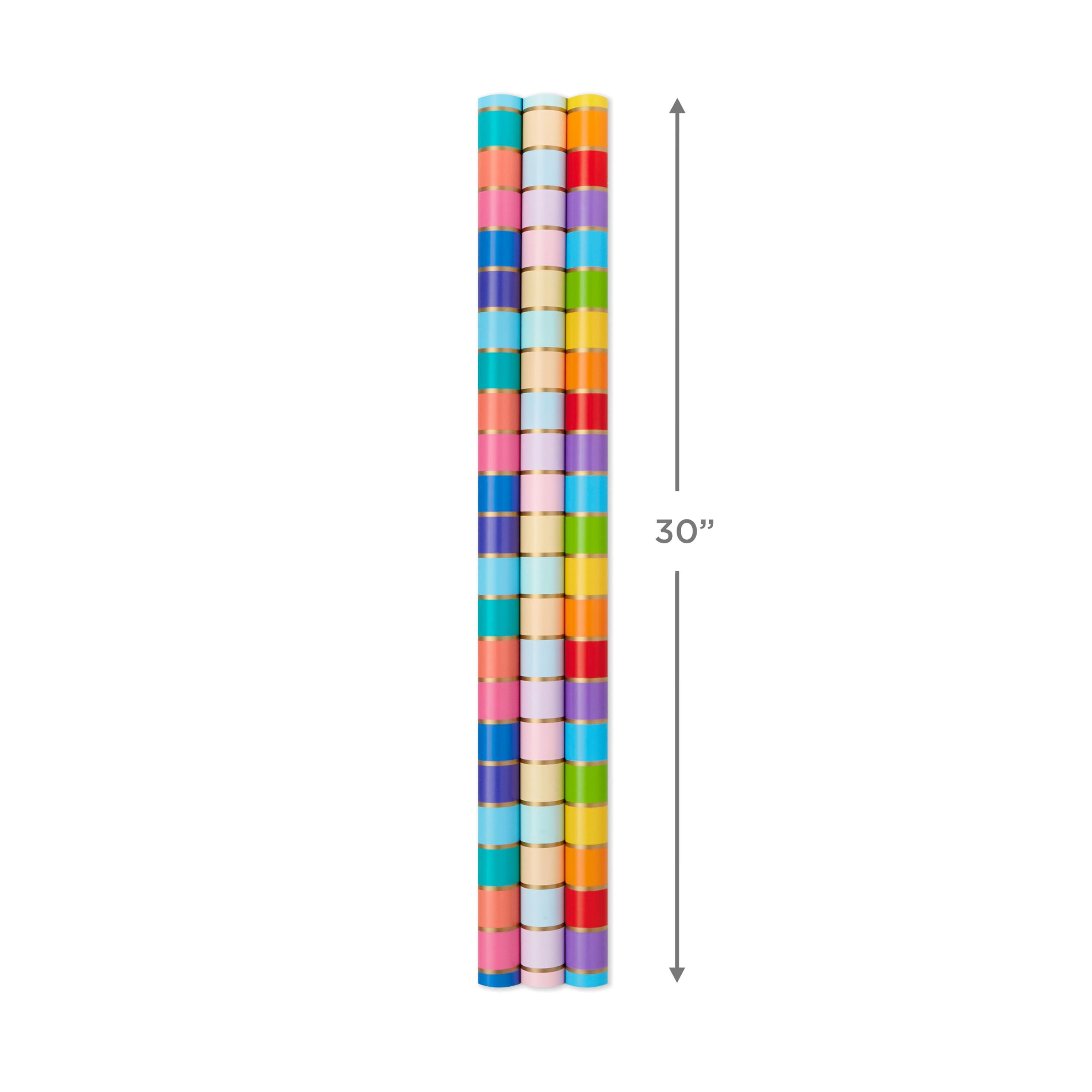 Hallmark Rollos de papel de regalo arcoíris para graduación, cumpleaños, boda, todas las ocasiones. Papel de regalo a rayas coloridas (juego de 3 rollos reversibles: 75 pies cuadrados)