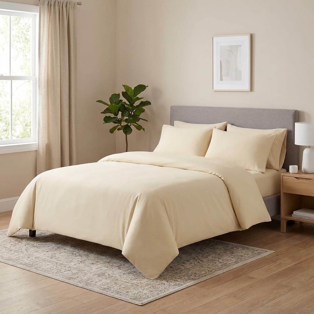 M&J Home 4 Piece Microfibre Super King Duvet Cover Set Beige - Complete Bedding Set, 35cm Extra Deep Fitted Sheet & Pillowcases โ image 1
