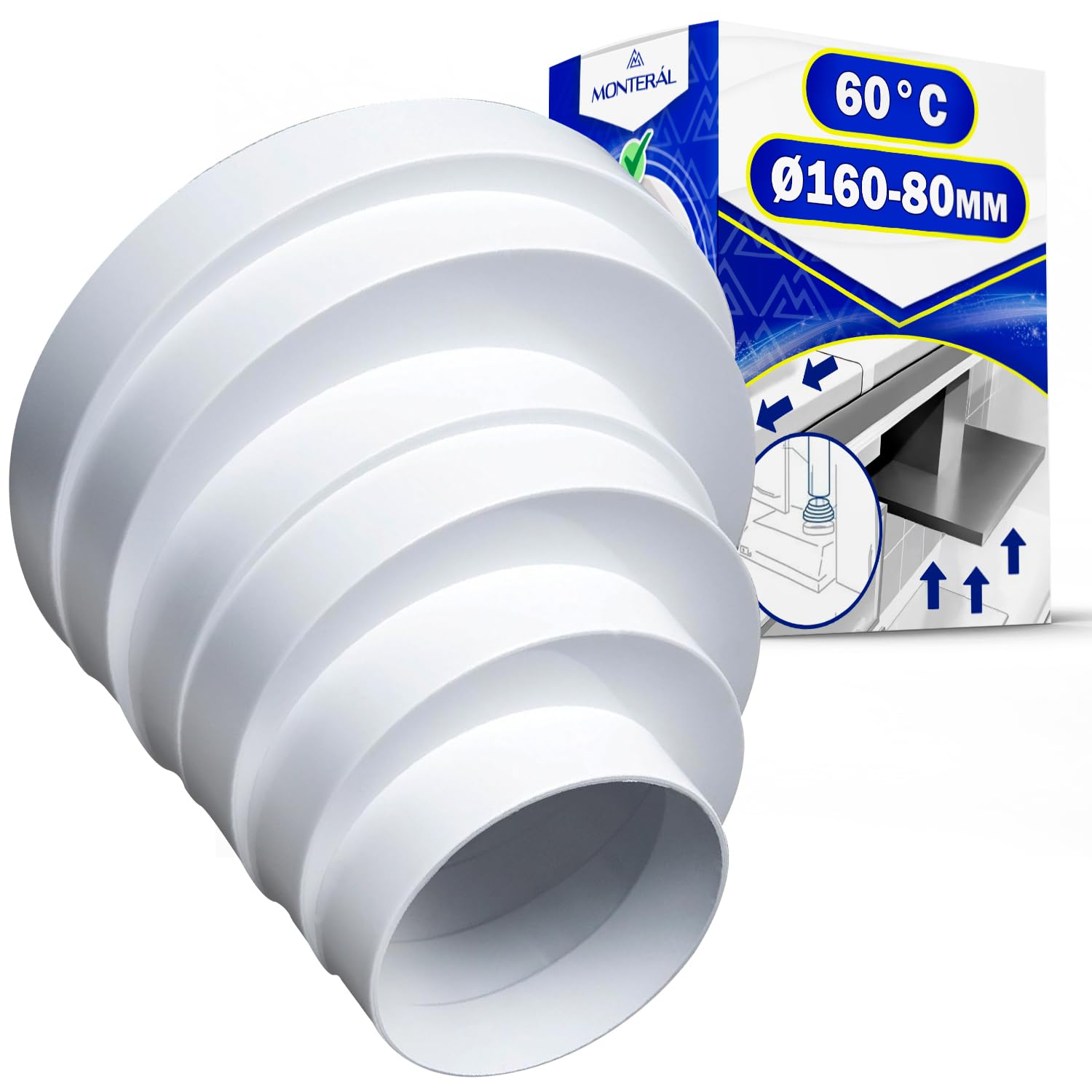 Manguito Reductor Tubo Campana Extractora Excéntrico para Tubo Redondo Ø 80-160 mm Temperatura de Trabajo 60°C - Garantía de 10 Años - MONTERAL