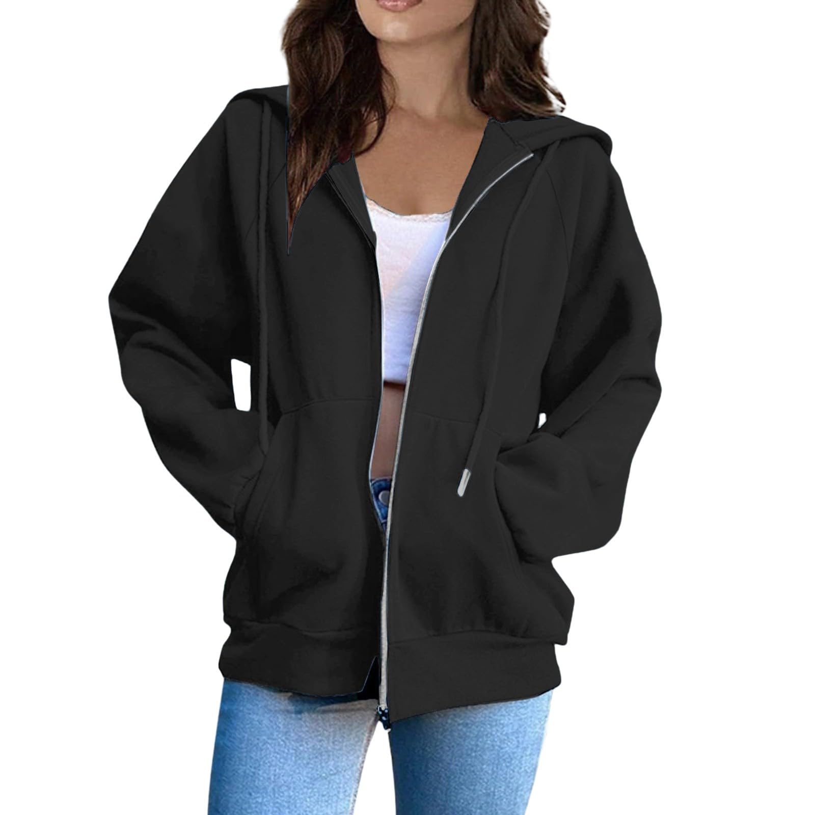 Generisch Veste à capuche pour femme - En coton - Sweat à capuche Y2K - Veste de survêtement rétro - Haut de campus - Streetwear - Robe décontractée - Veste de pilote
