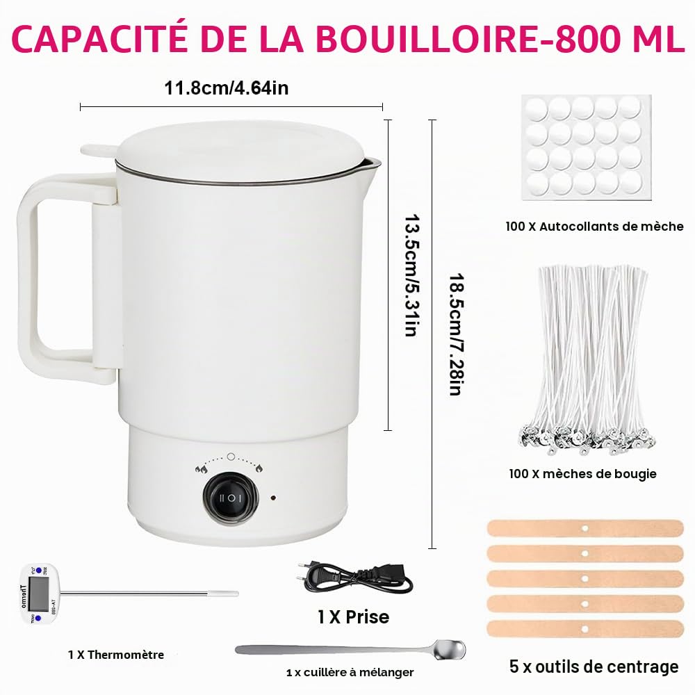 BIZOI Kit Fondoir Cire Bougie Electrique, Machine de Fonte Cire Bougie, 800ml Fondeur de cires pour la Fabrication de Bougies Inclut Thermomètre, Mèches, Autocollants, Supports et Cuillère de Mélange