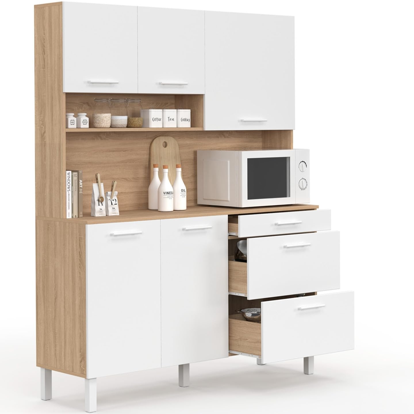 IDMarket - Küchenbuffet 140 cm CINA 5 Türen + 3 Schubladen in Buchenholzoptik und Weiß