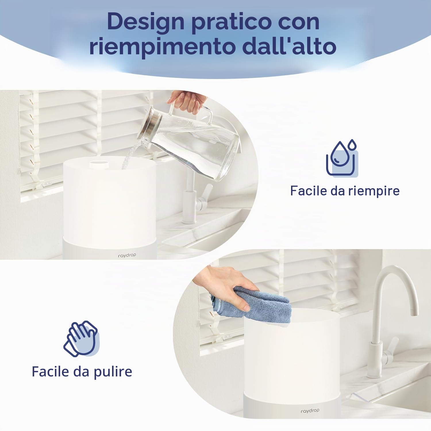 raydrop Umidificatore per camera da letto, 3 l, a ultrasuoni, per ambienti di grandi dimensioni e casa, umidificatore per neonati e piante, diffusore di aromi con luce LED, timer e spegnimento