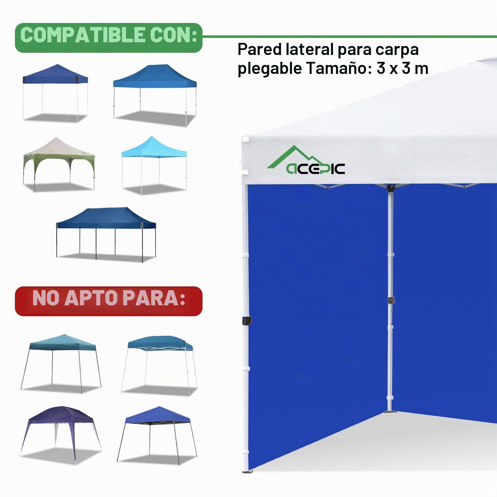 Acepic 3 Piezas Pared Laterales de Repuesto para Cenador de 3 x 3 m, Tela Oxford 210D Impermeable,Paredes Laterales para Jardín,Exteriores, Fiestas,Blanco(Cortina de Dosel no Incluida) (Azul, 3PCS)
