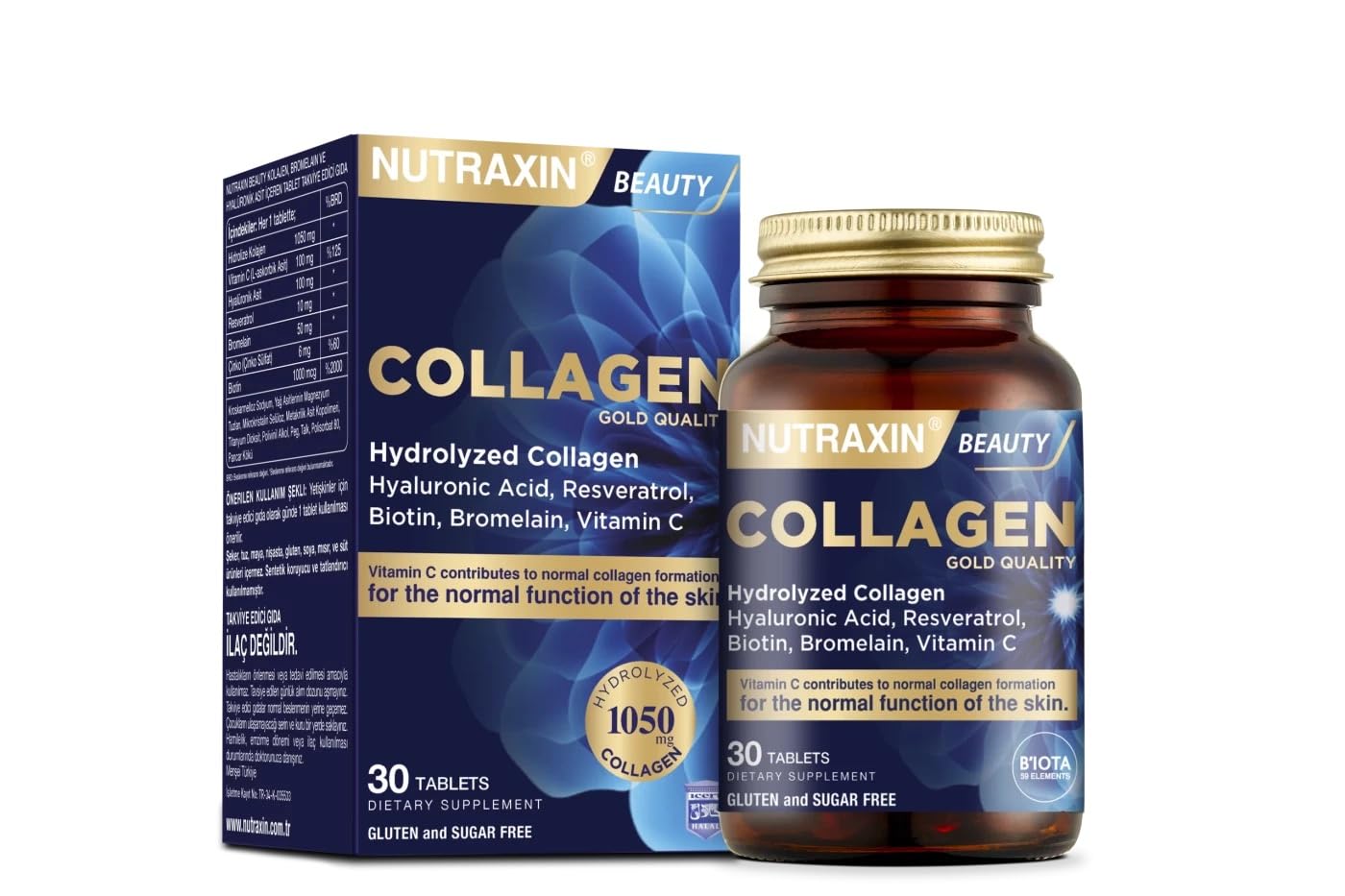 Nutraxin1050mg Gold Quality Hydrolyzed Collagen for Skin, Joint Health, and Longevity - 30 Tablets with Hyaluronic Acid, Vitamin C, Resveratrol, Biotin & Zinc - Sugar & Gluten-Free - 1 Tablet/Day