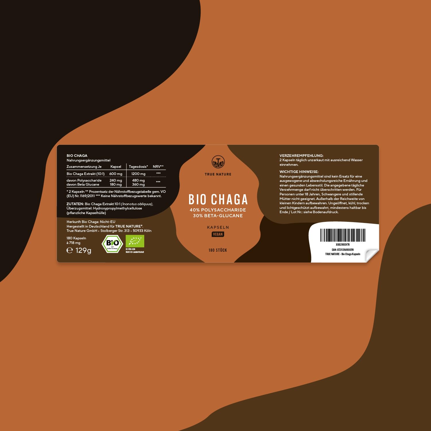 BIO Chaga Pilz Extrakt - 180 Kapseln - 12.000mg Extrakt (10:1) - 40% Polysaccharide - 30% Beta Glucane - Schiefer Schillerporling Pulver - Vegan, Deutsche Produktion - TRUE NATURE®