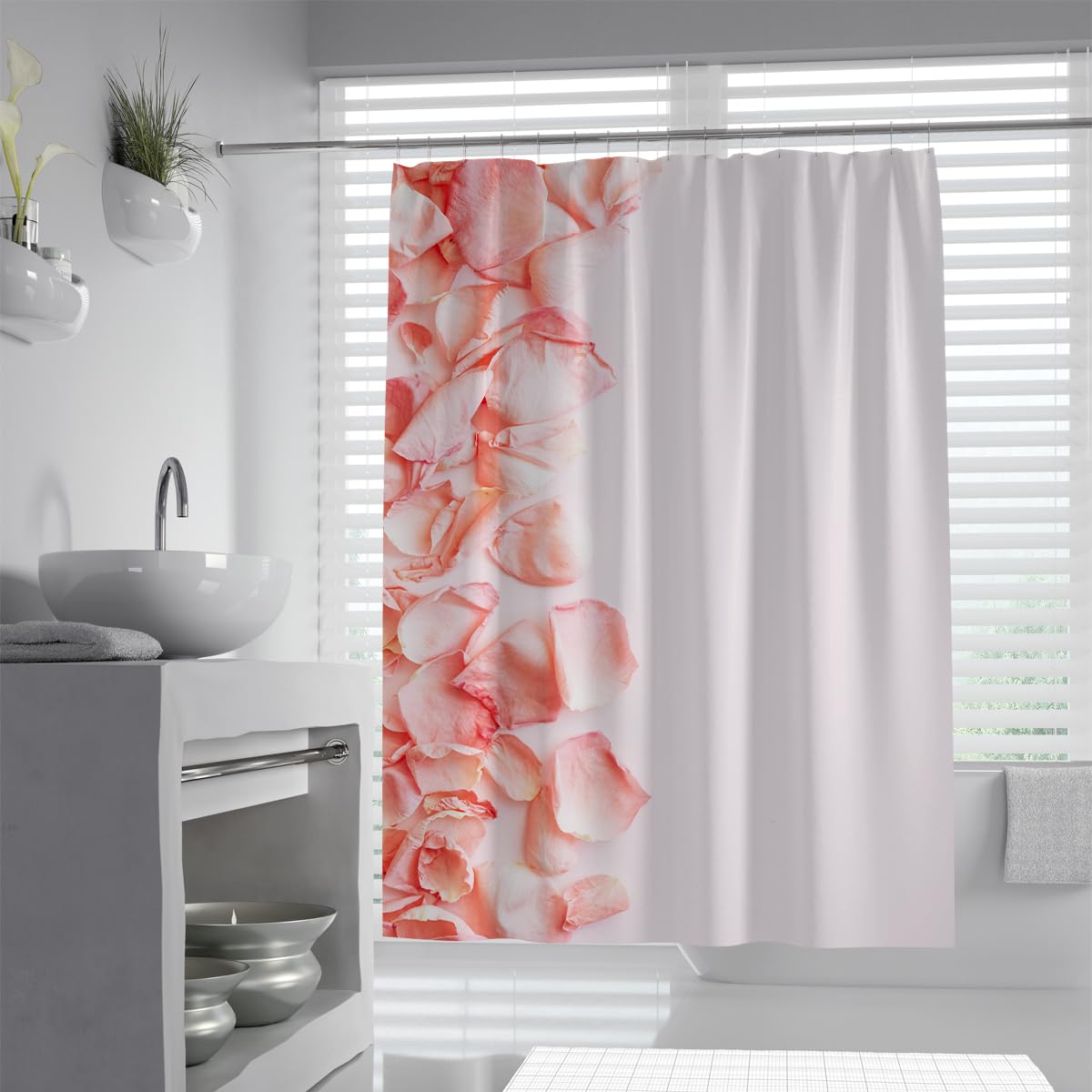 UIRINGART Pink Rose Petals Shower Curtain W120xL180cm Romantic Falling Blossom Floral Pattern Waterproof Mildew Resistant Bath Enclosure with Hooks
