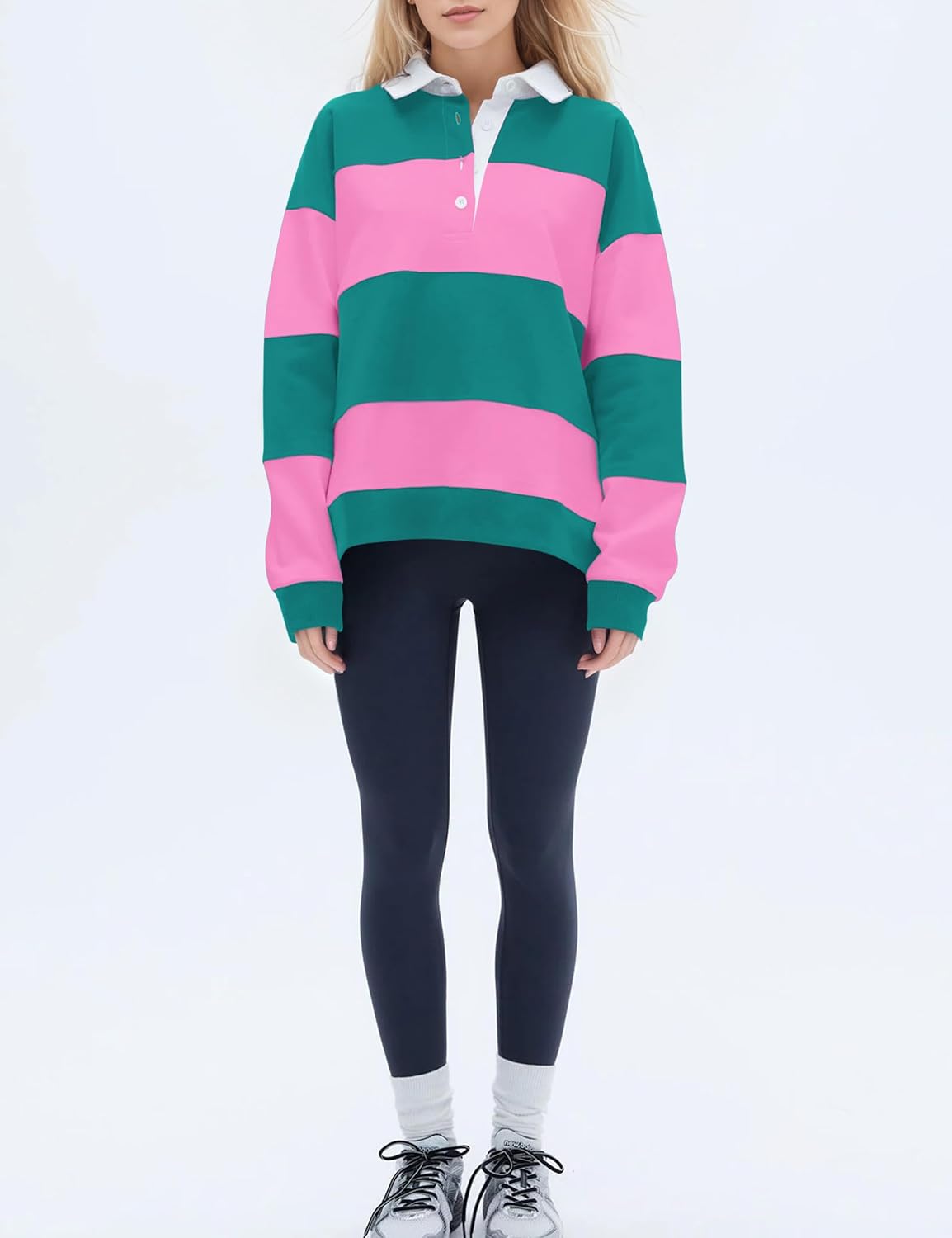 Women Oversized Striped Polo Sweatshirt Color Block Lapel Collared Pullover Tops Striped Long Sleeve Rugby Shirts - Image 3