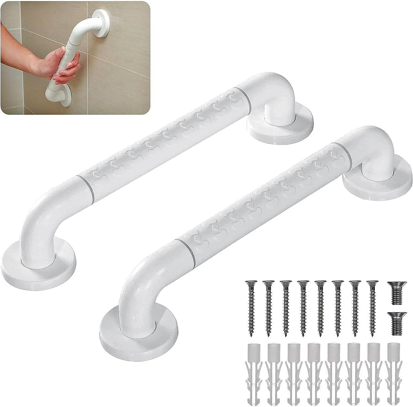 JOEJNCED 2 Pcs Shower Grab Bar,Anti-Slip Bathroom Safety Bar, 40cm Non-Slip Safety Handle, Bathroom Balance Bar, Corridor Stair Handle, Suitable For Elderly, Children (White)