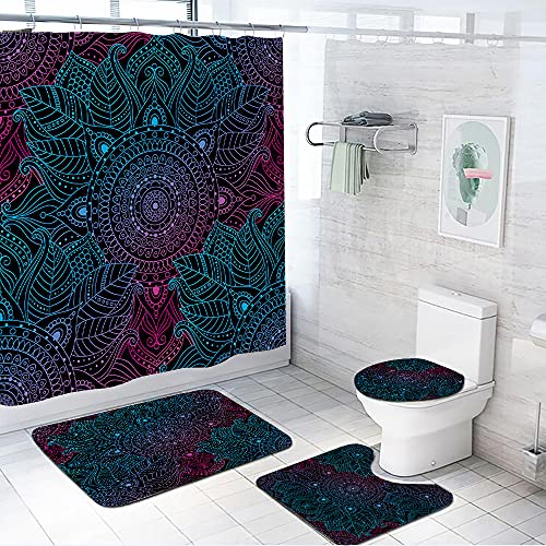 ZDDWLDL 4Pcs Duschvorhänge Set Mit Rutschfesten Teppichen,Toilettendeckel und Badematte Rosa Blaue Mandalablumen…