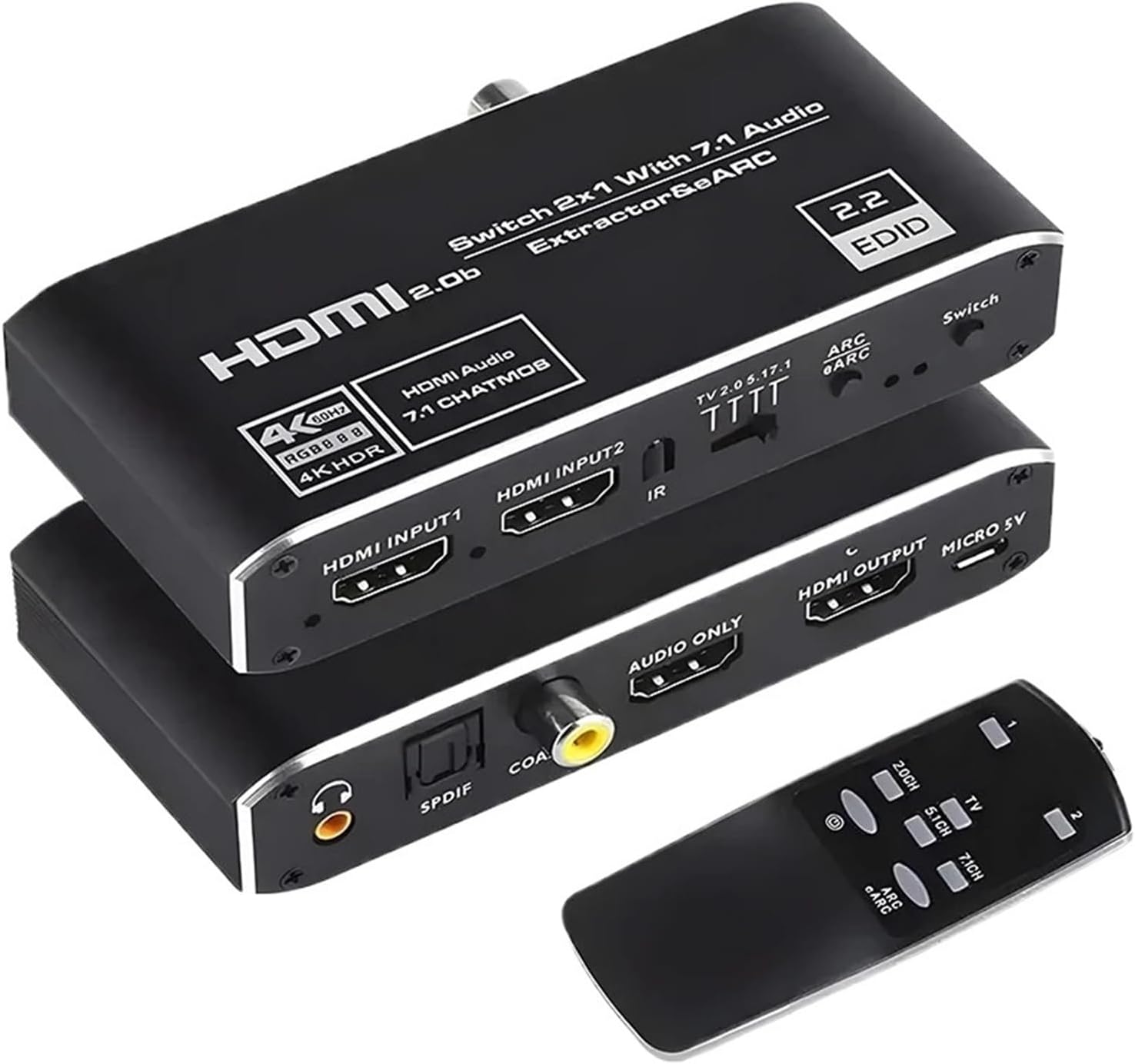 2x1HDMI Switch eARC Audio Extractor with ARC Optical Toslink HDMI 2.0 Switch 4K 60Hz HDMI Switcher Remote for TV PS4(US Plug)