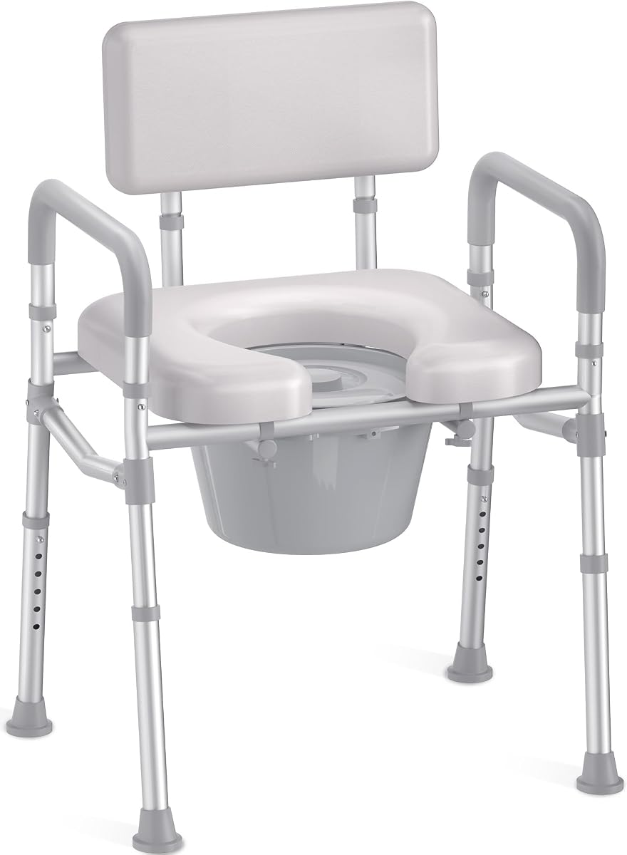 HOMLAND Bedside Commode Toilet, Padded Seat & Backrest, Enhanced Crossbar | Aluminum Potty Chair, Height Adjustable, Removable Bucket, Tool-Free Assembly, 350lb Portable Toilet for Adults & Seniors