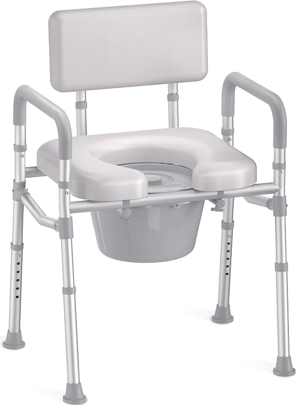 HOMLAND Bedside Commode Toilet, Padded Seat & Backrest, Enhanced Crossbar | Aluminum Potty Chair, Height Adjustable, Removable Bucket, Tool-Free Assembly, 350lb Portable Toilet for Adults & Seniors