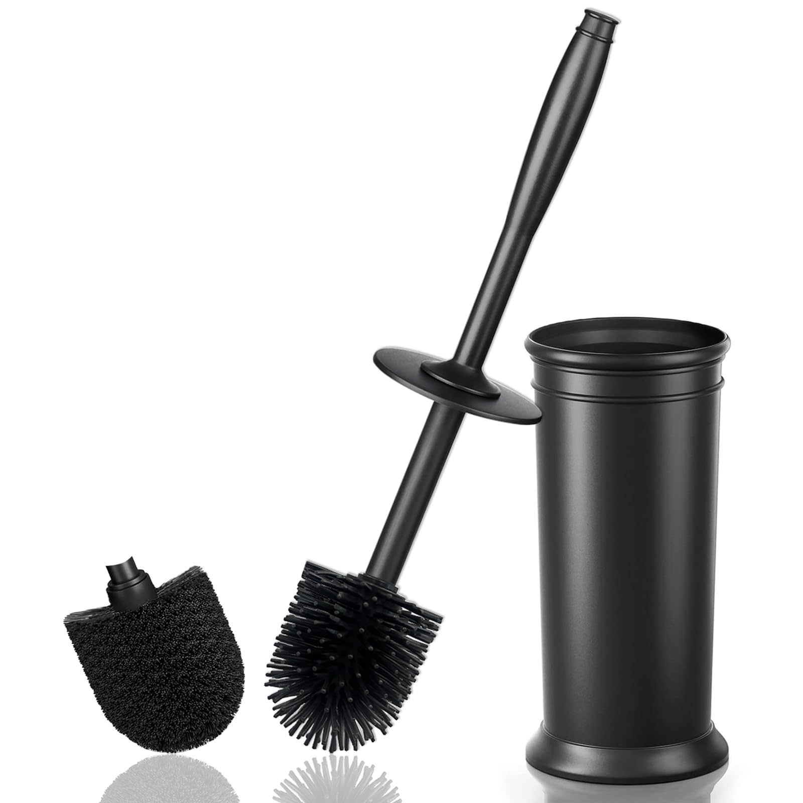 HiWODO Silicone Toilet Brush with Holder,Toilet Brushes & Holders Includes 2 Quick Drying Loo Brush Heads,Deep Hygienic Toilet Cleaner Brush Set including Long Rubber Handle for Bathroom Cleaning (Black)
