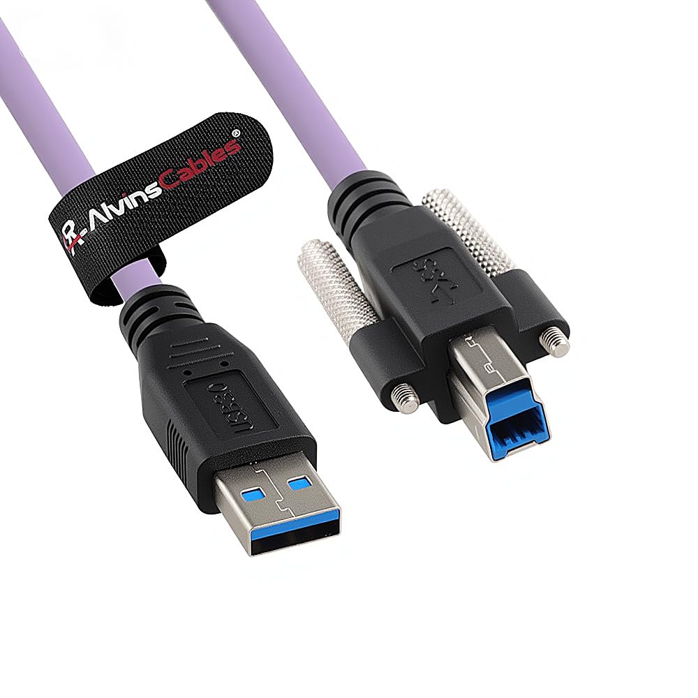 Alvin's Cables USB 3.0 Type-A to USB-B Screw Lock Data Cable for Machine Vision Industrial Camera, Printer, Scanner, 5Gbps High Flex Drag Chain Shielded, 5m/16.4ft Purple