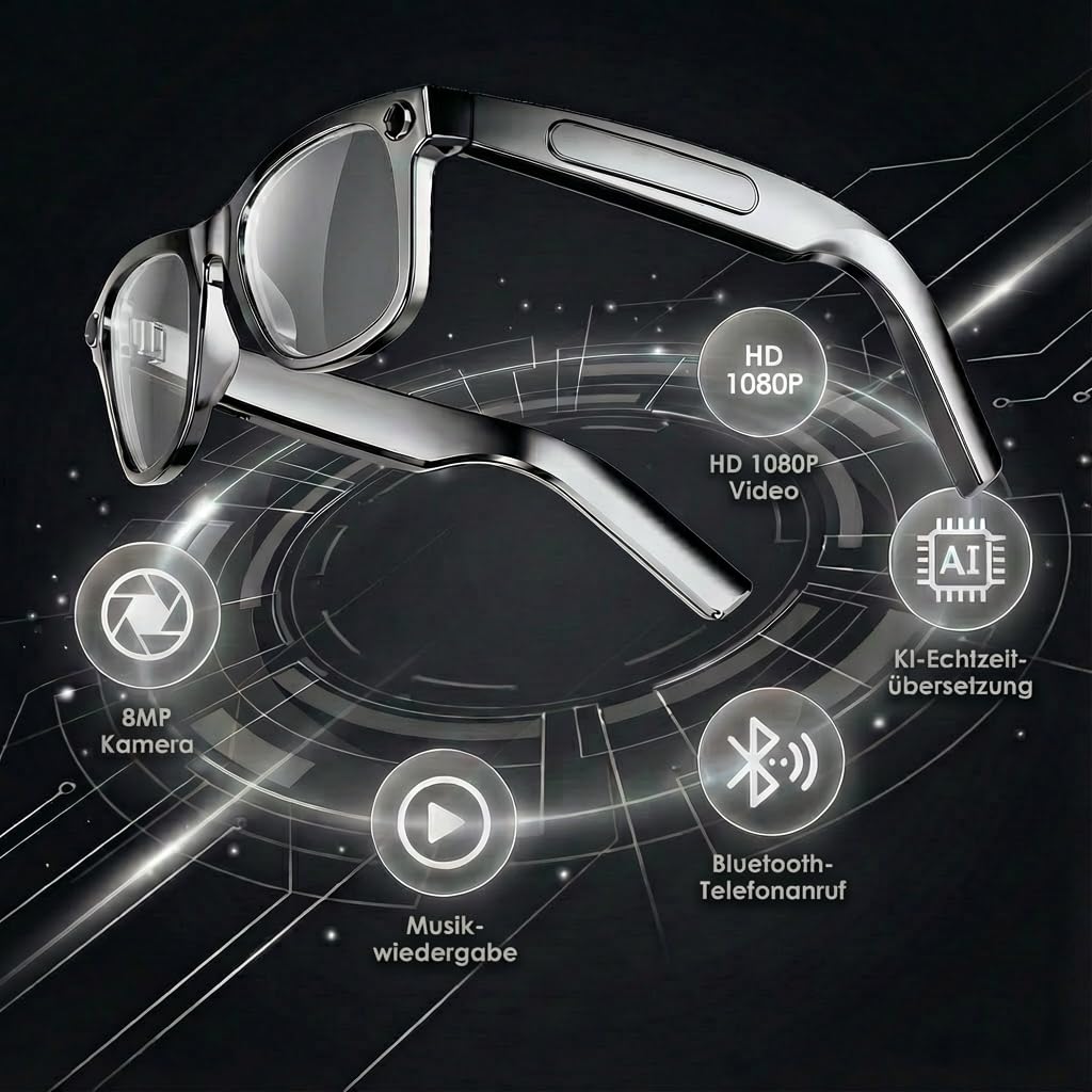 Brille mit Kamera, 8 MP 1080P Smart Glasses Dual-Core-Prozessor mit KI-Assistent für Echtzeitübersetzungen, 410 mAh für 16 Stunden Standby-Zeit, WLAN Bluetooth Intelligente Brille