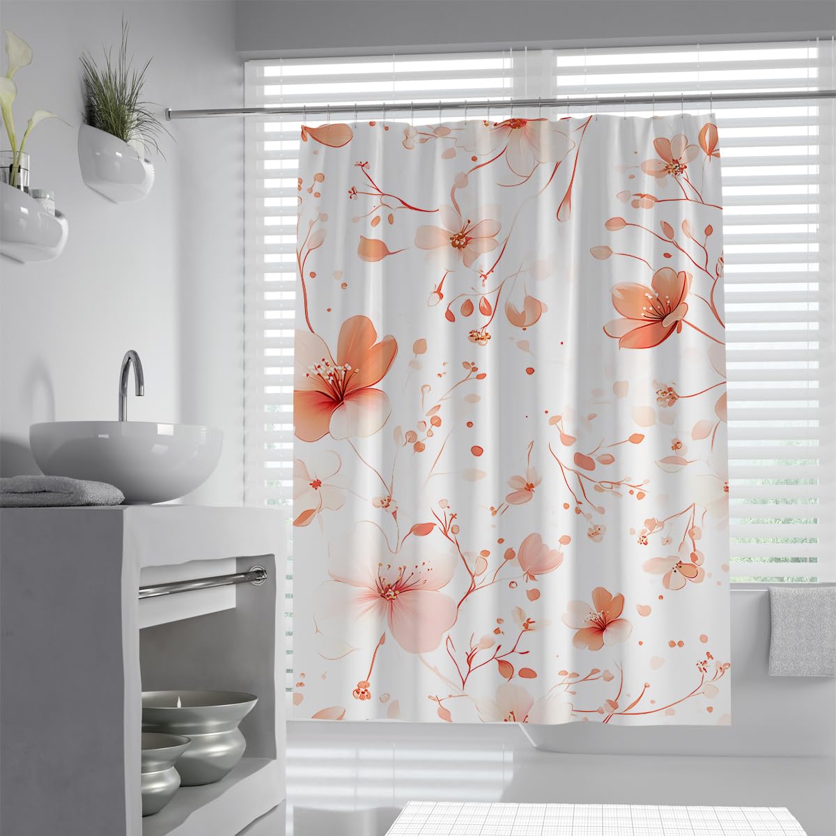 UIRINGART Elegant Cherry Blossom Shower Curtain W200xL200cm Pink Floral White Background Mildew Resistant Waterproof Bathroom Curtain Walk In Shower With Hooks