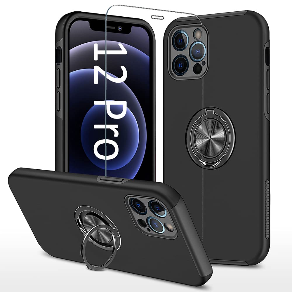 Cakublse iPhone 12 Pro ケース 用 ケース 强化 ガラス フィルム リング スタンド 付き 耐衝撃 いphone12pro 対応 カバー 耐衝撃ケース リング付きケース ブラック