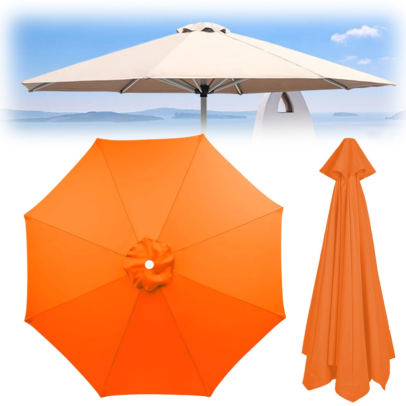 Telo Di Ricambio Copertura Per Ombrellone - 2.0 M, 2,7 M, 3,0 M - Ricambio Telo Ombrellone Da Giardino - Telo Per Ombrellone In Poliestere 160 G/m² Resistente Ai Raggi UV E All'Acqua(Orange,8 RIBS: 35