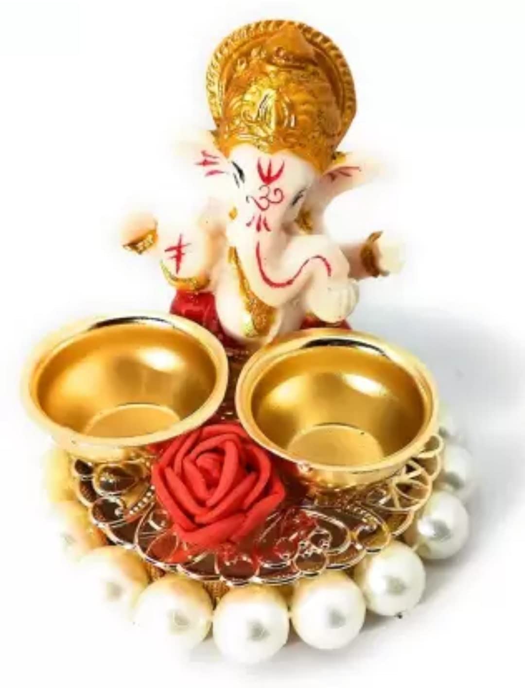 Aashirwad Attractive & Antique Ganpati Haldi Kumkum Stand with 2 Roli Chawal Holder for Home/Wedding/Pooja/Return Gift/Rakhi/Welcome Plate Pooja Thali Set(Pack of 1)