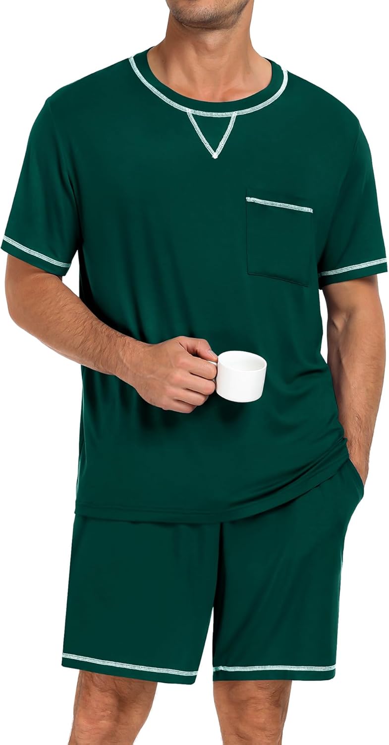 SWOMOG Men Modal Pajamas Set Comfy Sleepwear Short Sleeve Pjs Set Soft 2 Piece Lounge Set Cozy Nightwear with Pockets - Image 2
