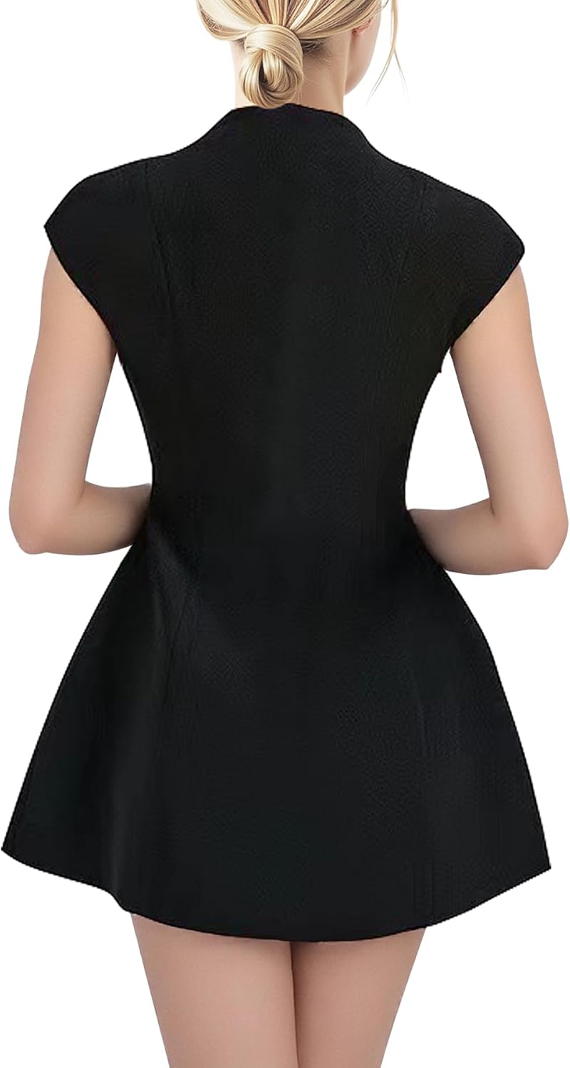 Women's Summer Sexy Mini Dress - Elegant Cap Sleeve Deep V Neck Zipper A-line Night Out/Club Party Dress - Image 2