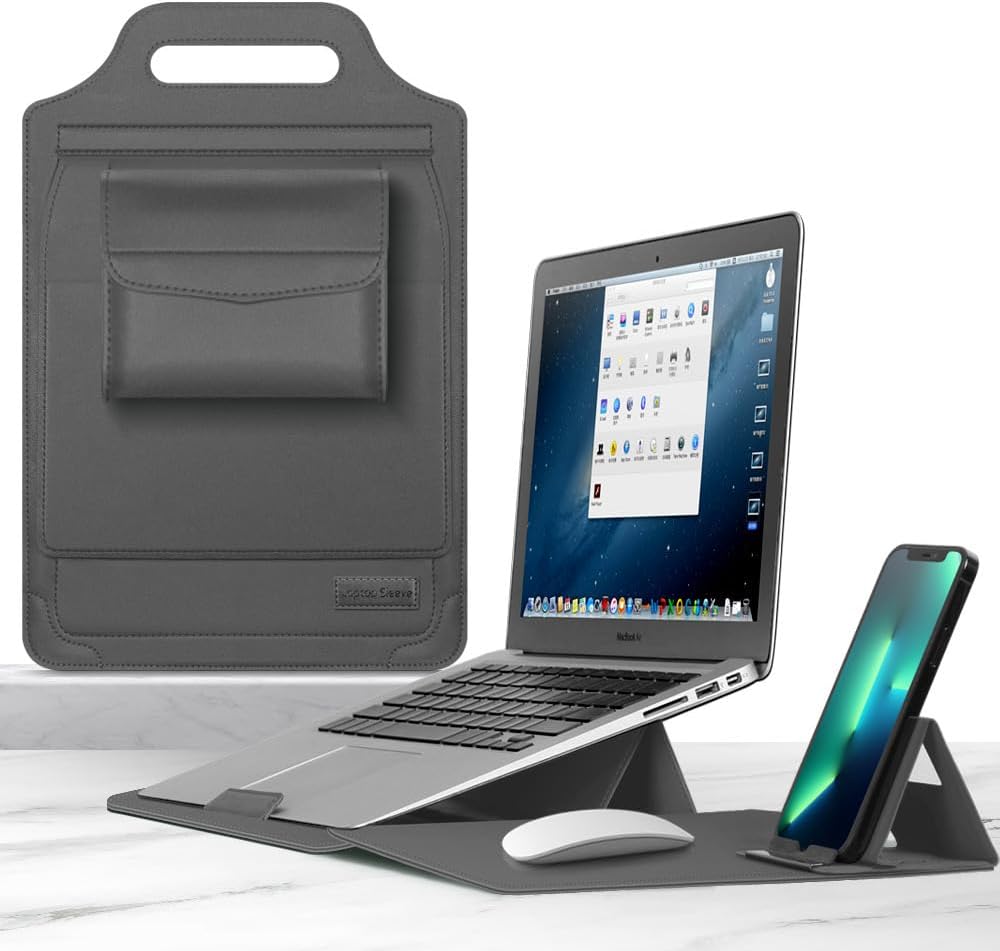2-in-1 Laptop Sleeve & Desk Mat Mouse Pad | Reversible PU Leather Case w/Cooling Stand | Magnetic Phone Holder | Travel Office Gift for Men/Women (11“-12”,Grey)