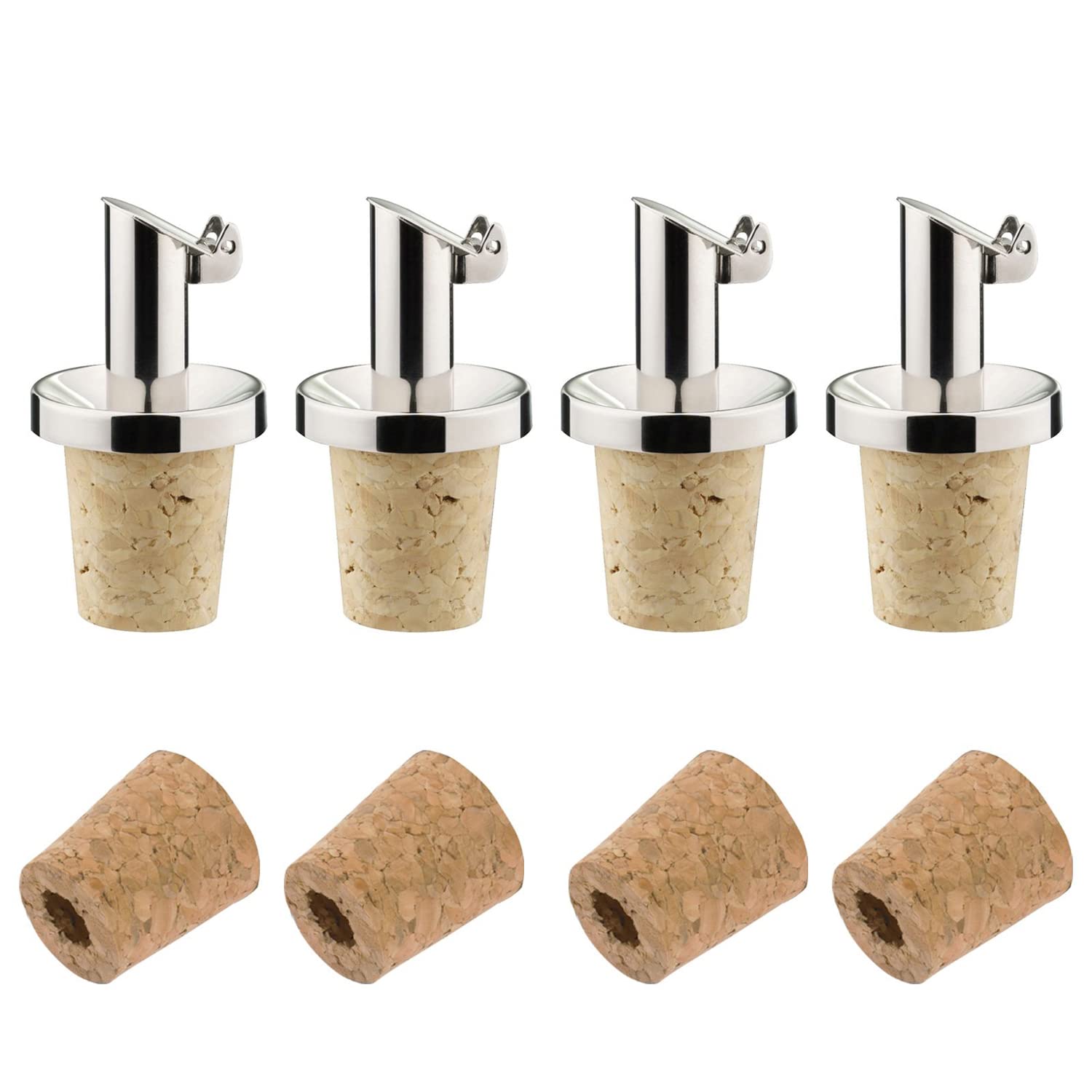Westmark Set of 4 Oil/Vinegar Pourers for Bottles + 4 Replacement Corks, with Small Clip, Metal/Stainless Steel, Natural Cork, INOX Öl-Spezial, 478022E3
