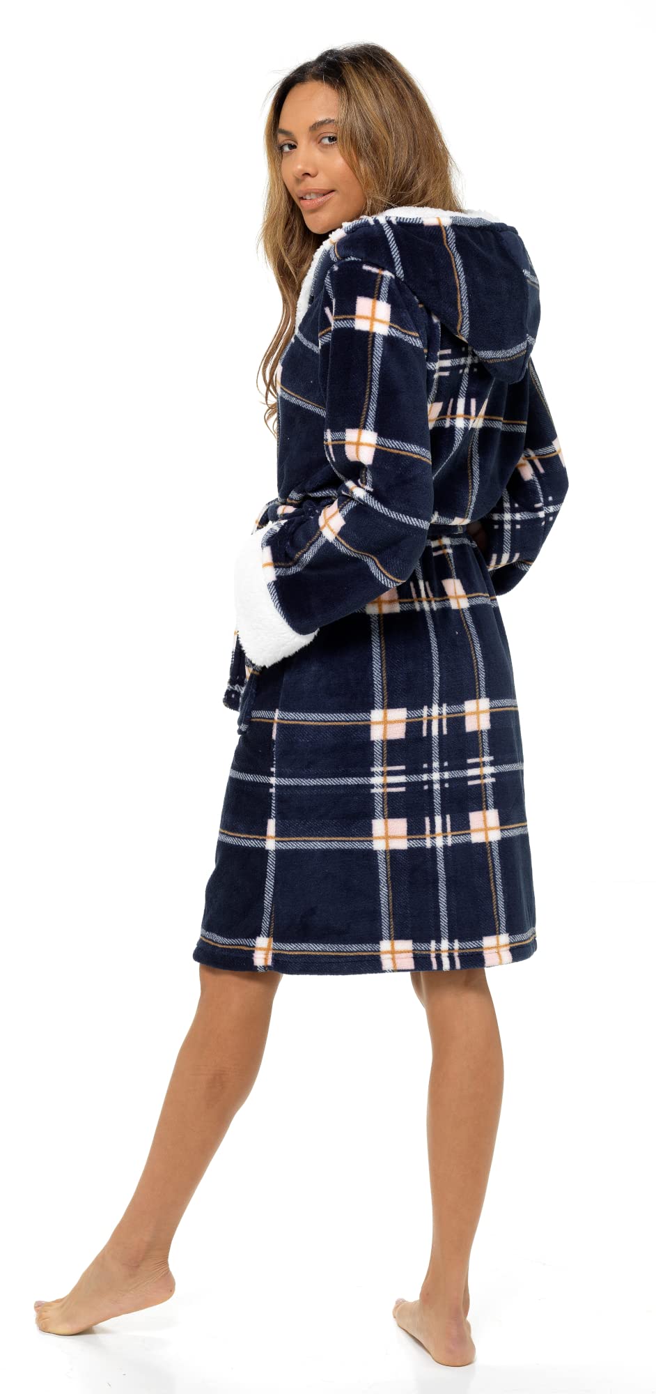 Lora Dora Peignoir pour Femmes Peignoir Luxe à Carreaux Tartan à Capuche doublée Sherpa