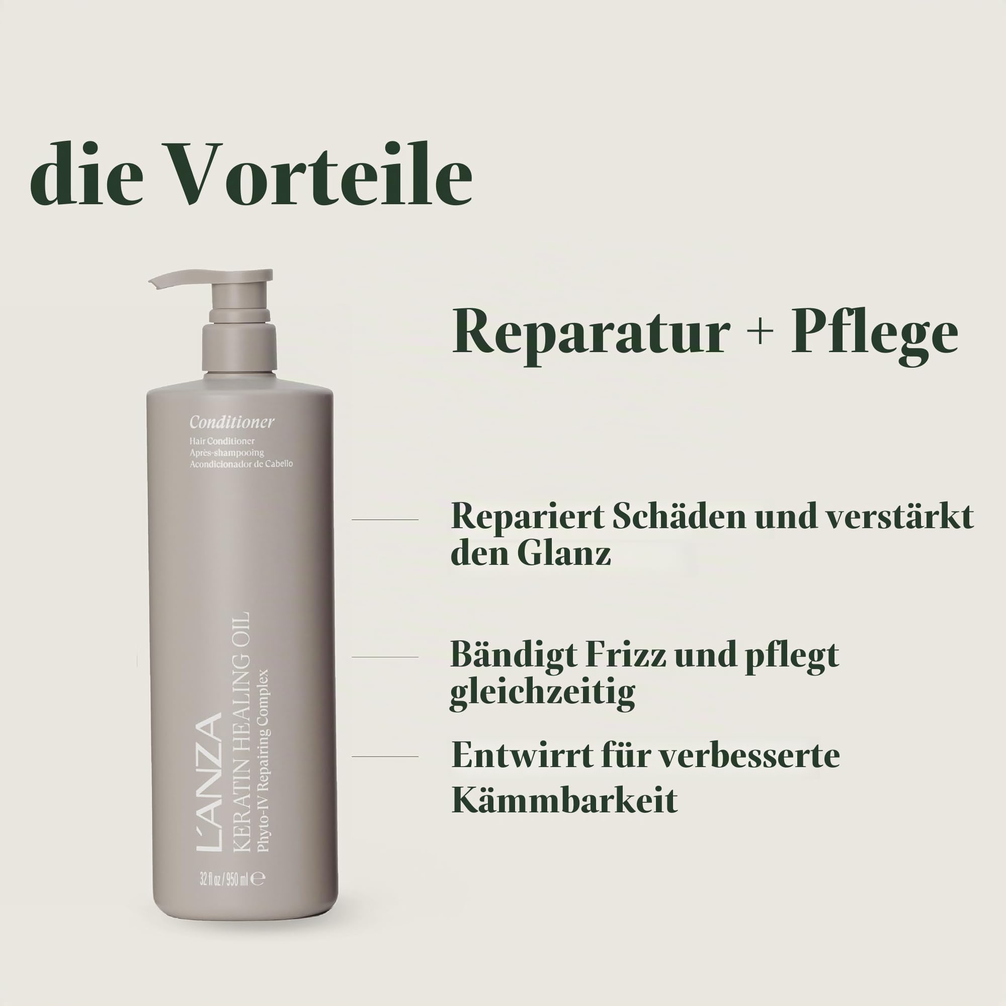L'ANZA Keratin Heilöl Glänzender Conditioner für Geschädigtes Haar (950 ml), Nährt, Repariert, Glanz & Stärke für ein Seidiges Aussehen, Sulfatfrei, Parabenfrei, Glutenfrei, Haar Pflegespülung