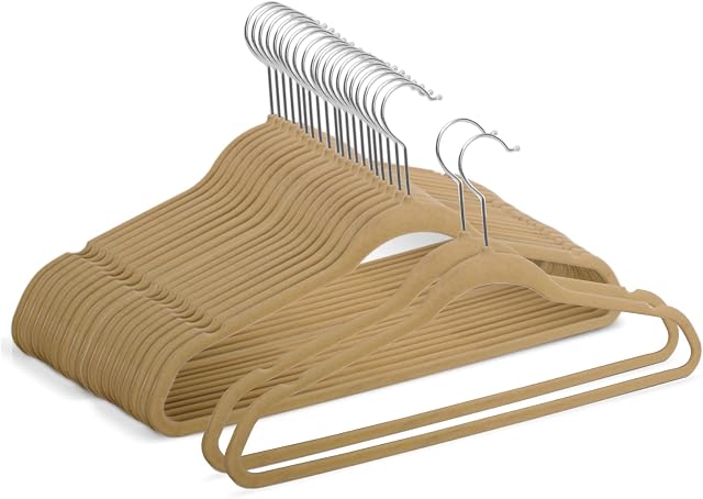 RelianceUK 50 Pack Beige Velvet Hangers| Slim Non-Slip Velvet Coat Hangers for Clothes Adult with 360° Swivel Hook