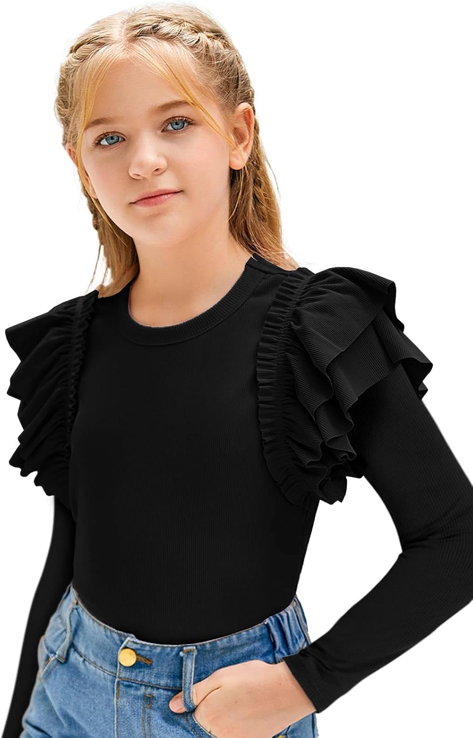 rrhss Girls Ruffle Long Sleeve Shirts Kids Cute Fitted Crew Neck Ribbed Knit Tops Clothes - Image 3
