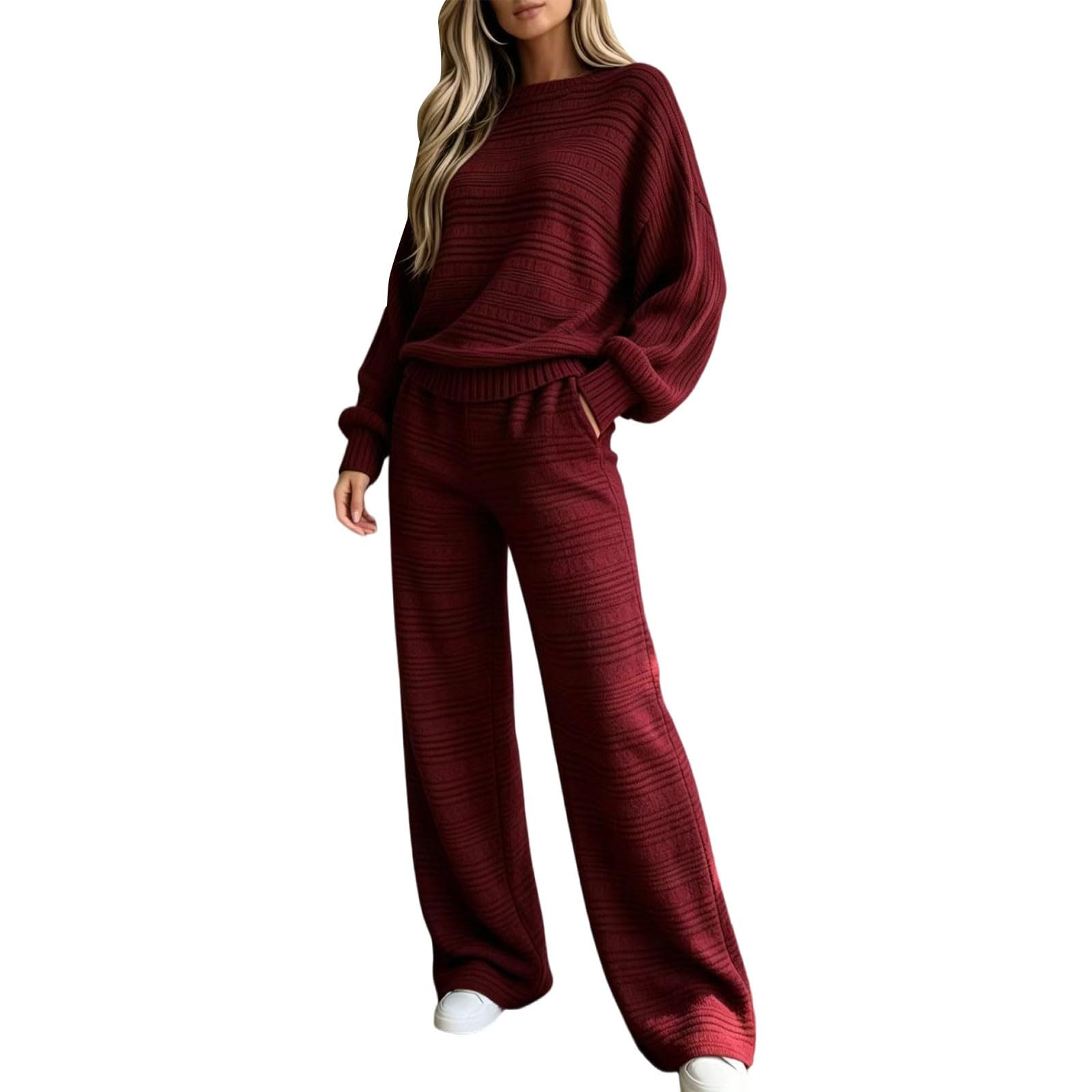 Set da donna in due pezzi, taglia grande, elegante | Maglia girocollo a gamba larga, pantaloni palazzo a costine, abbigliamento per il tempo libero, 2 pezzi