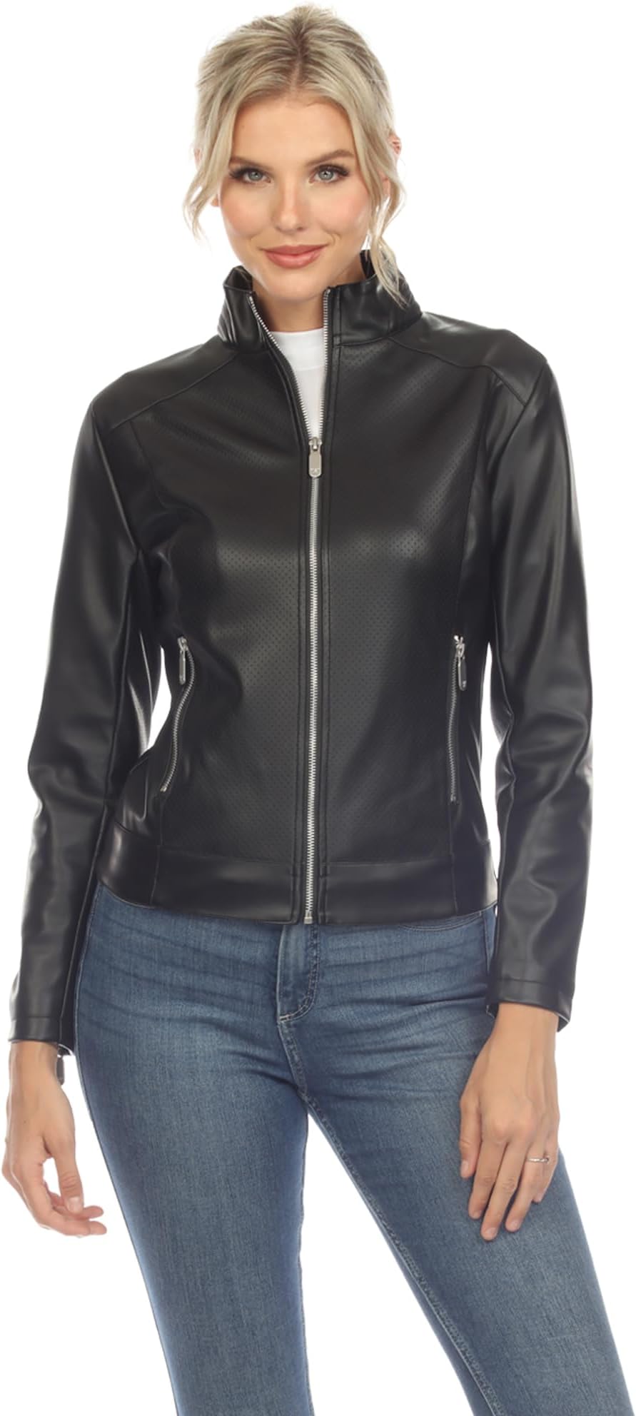 white markWomen's Classic Biker Faux Leather Jacket