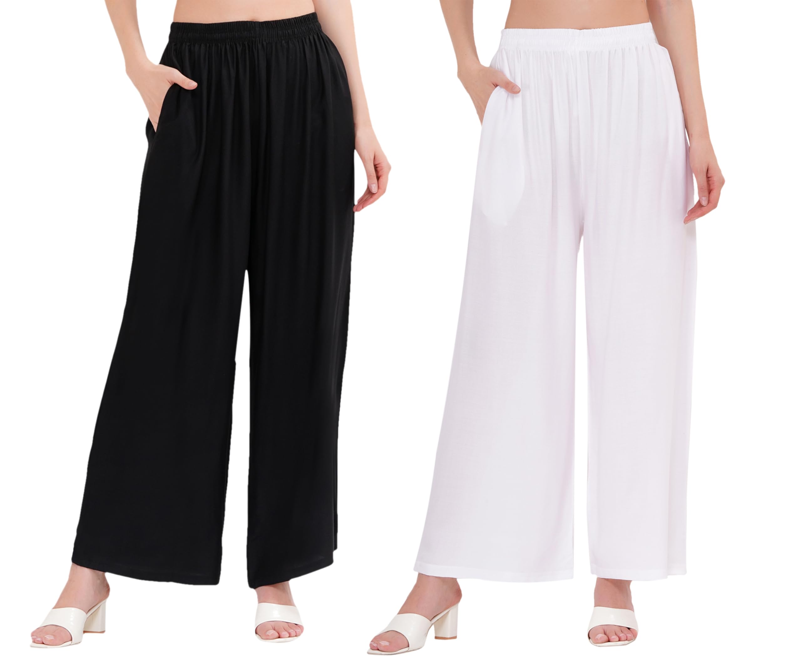 buy that trendz Palazzo Pants for Women Cotton Rayon Elasticated Flared Wide Leg Regular Fit M to 6XL Pack of 2-picture-17