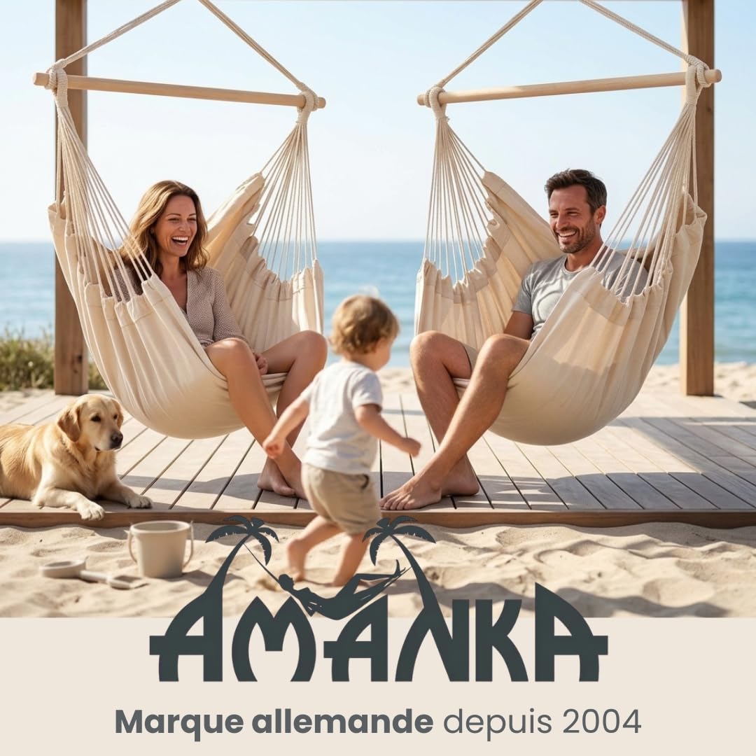 AMANKA Hamac XXL pour Toute la Famille Poids Max. supporté 150 kg siège de Toile Suspendue 190x140cm 100% Coton Hamac pour Le Jardin pour la Sieste Couleur Bleu Pacifique