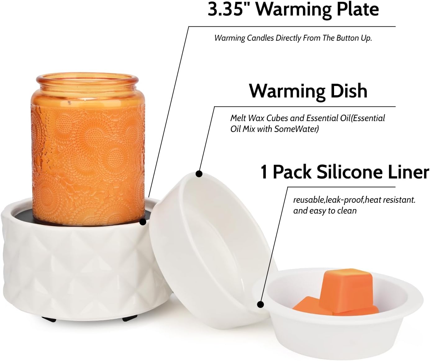 Ceramic Candle Warmer for Large Jars, Wax Melt Warmer with 1 PC Silicone Liner,4-in-1 Electric Warmer for Jar Candle Wax Cube Essential Oil Coffee Tea Mug, Ideal Gift for Home Office